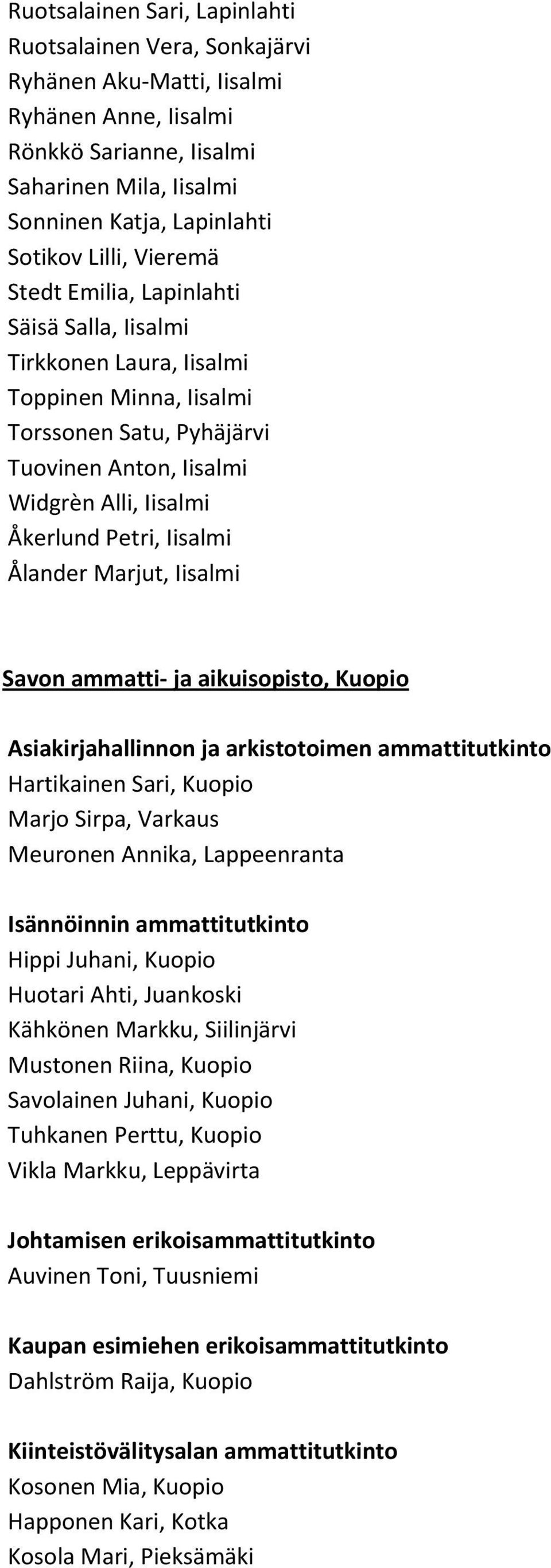 Ålander Marjut, Iisalmi Savon ammatti ja aikuisopisto, Kuopio Asiakirjahallinnon ja arkistotoimen ammattitutkinto Hartikainen Sari, Kuopio Marjo Sirpa, Varkaus Meuronen Annika, Lappeenranta