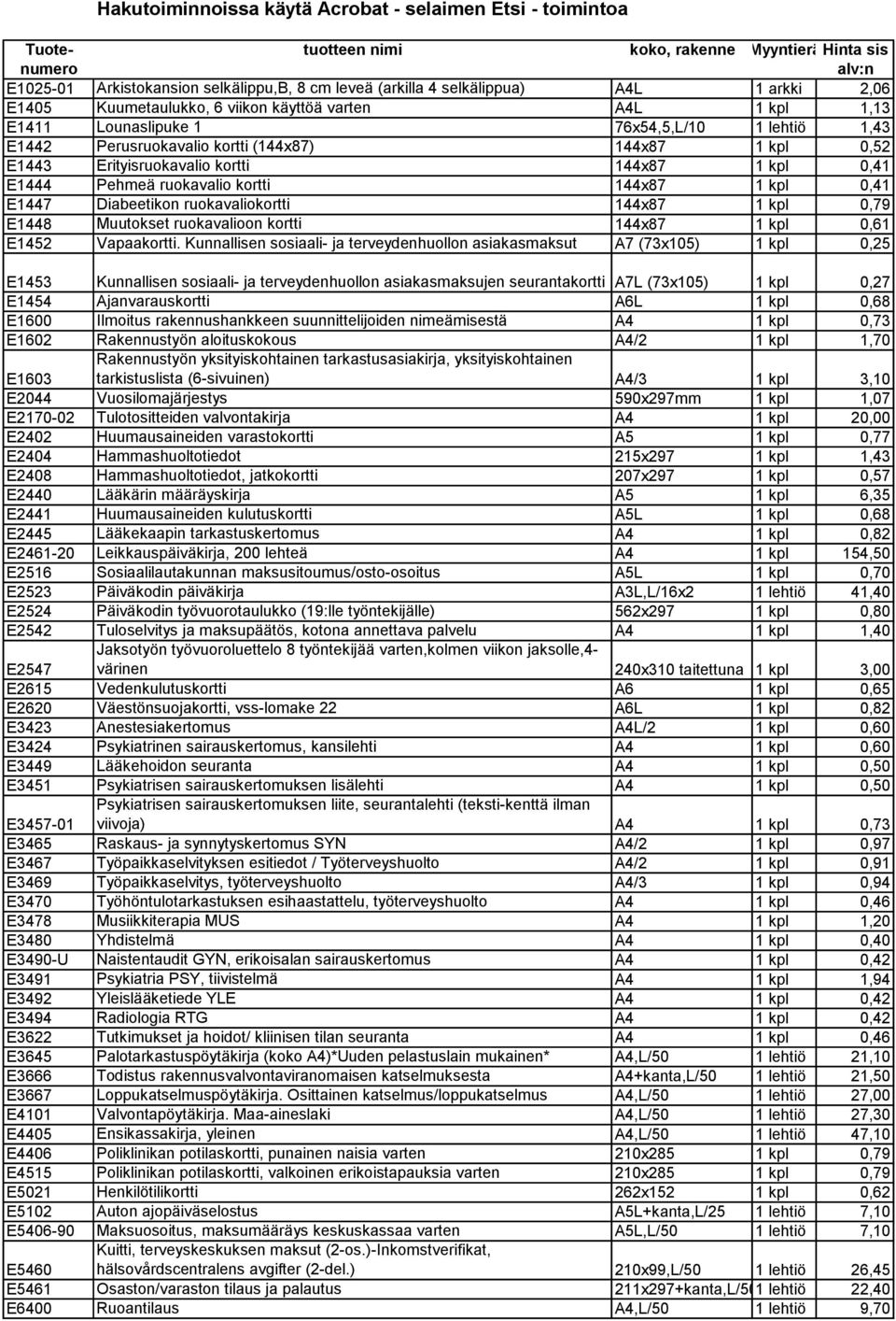 Erityisruokavalio kortti 144x87 1 kpl 0,41 E1444 Pehmeä ruokavalio kortti 144x87 1 kpl 0,41 E1447 Diabeetikon ruokavaliokortti 144x87 1 kpl 0,79 E1448 Muutokset ruokavalioon kortti 144x87 1 kpl 0,61