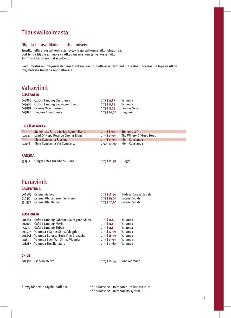 Valkoviinit AUSTRALIA 007868 Oxford Landing Charonnay 0,75 11,85 Yalumba 007908 Oxford Landing Sauvignon Blanc 0,75 11,85 Yalumba 007878 Pewsey Vale Riesling 0,75 17,99 Pewsey Vale 007858 Heggies