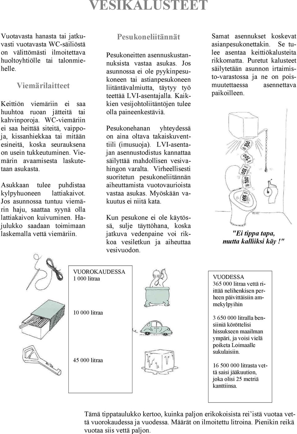 WC-viemäriin ei saa heittää siteitä, vaippoja, kissanhiekkaa tai mitään esineitä, koska seurauksena on usein tukkeutuminen. Viemärin avaamisesta laskutetaan asukasta.