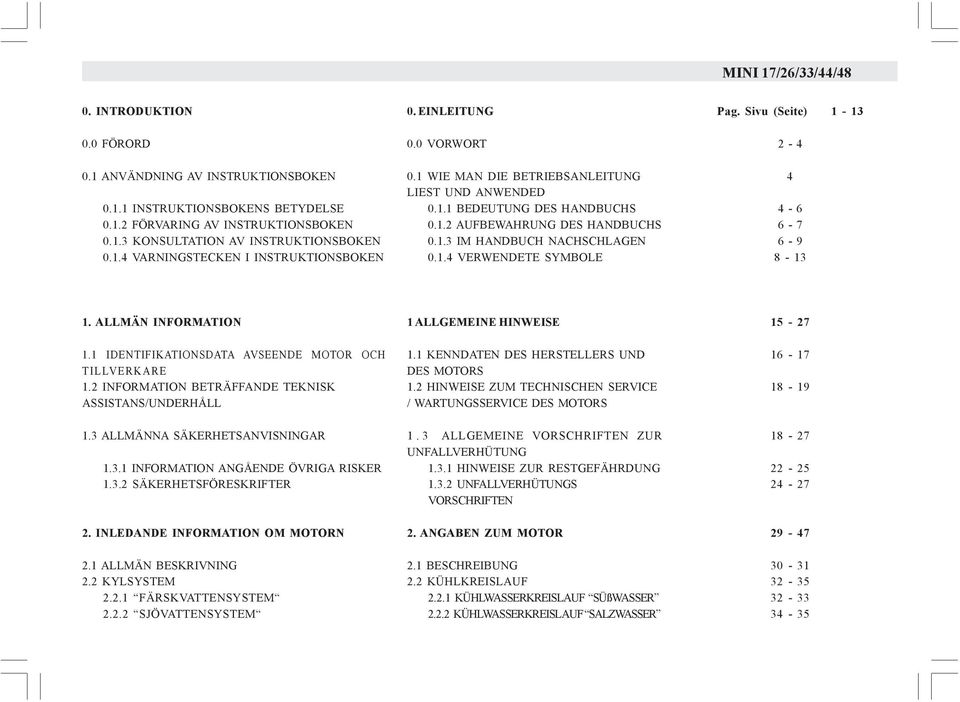 Sivu (Seite) 1-13 2-4 4 4-6 6-7 6-9 8-13 1. ALLMÄN INFORMATION 1.1 IDENTIFIKATIONSDATA AVSEENDE MOTOR OCH TILLVERKARE 1.2 INFORMATION BETRÄFFANDE TEKNISK ASSISTANS/UNDERHÅLL 1.