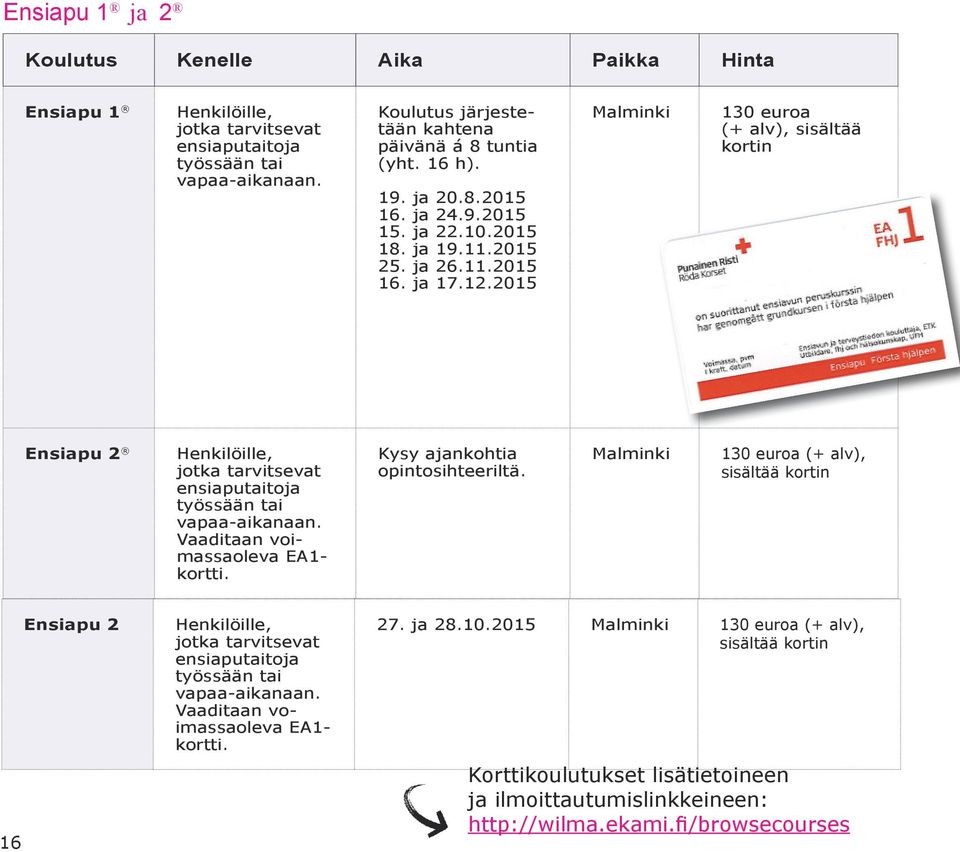 2015 Malminki 130 euroa (+ alv), sisältää kortin Ensiapu 2 Henkilöille, jotka tarvitsevat ensiaputaitoja työssään tai vapaa-aikanaan. Vaaditaan voimassaoleva EA1- kortti.