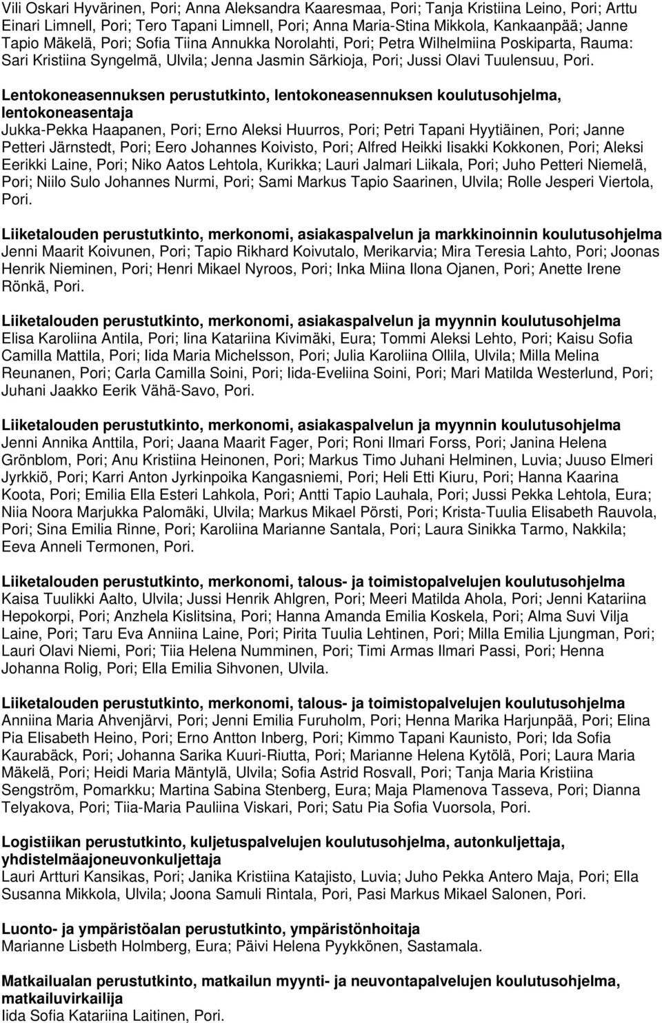 Lentokoneasennuksen perustutkinto, lentokoneasennuksen, lentokoneasentaja Jukka-Pekka Haapanen, Pori; Erno Aleksi Huurros, Pori; Petri Tapani Hyytiäinen, Pori; Janne Petteri Järnstedt, Pori; Eero