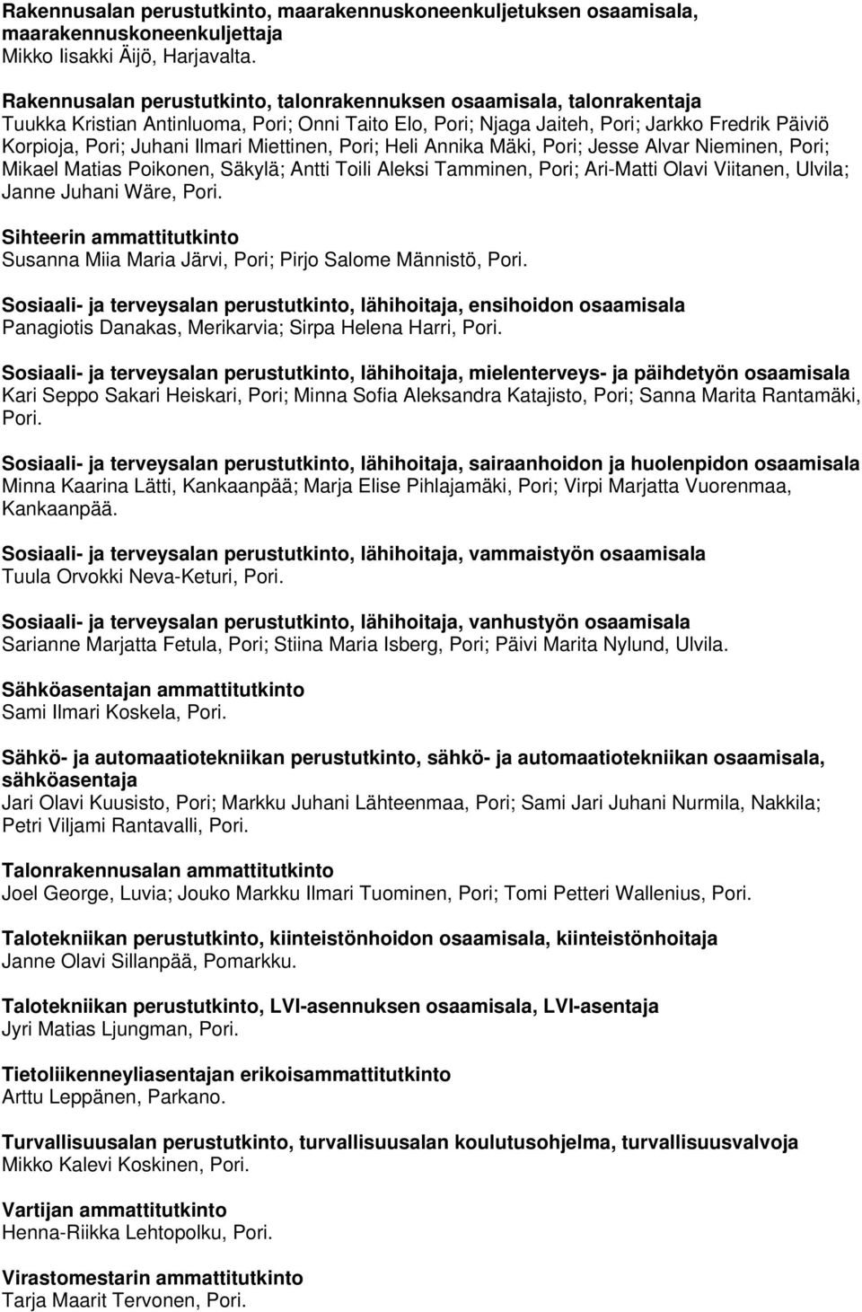 Miettinen, Pori; Heli Annika Mäki, Pori; Jesse Alvar Nieminen, Pori; Mikael Matias Poikonen, Säkylä; Antti Toili Aleksi Tamminen, Pori; Ari-Matti Olavi Viitanen, Ulvila; Janne Juhani Wäre, Pori.