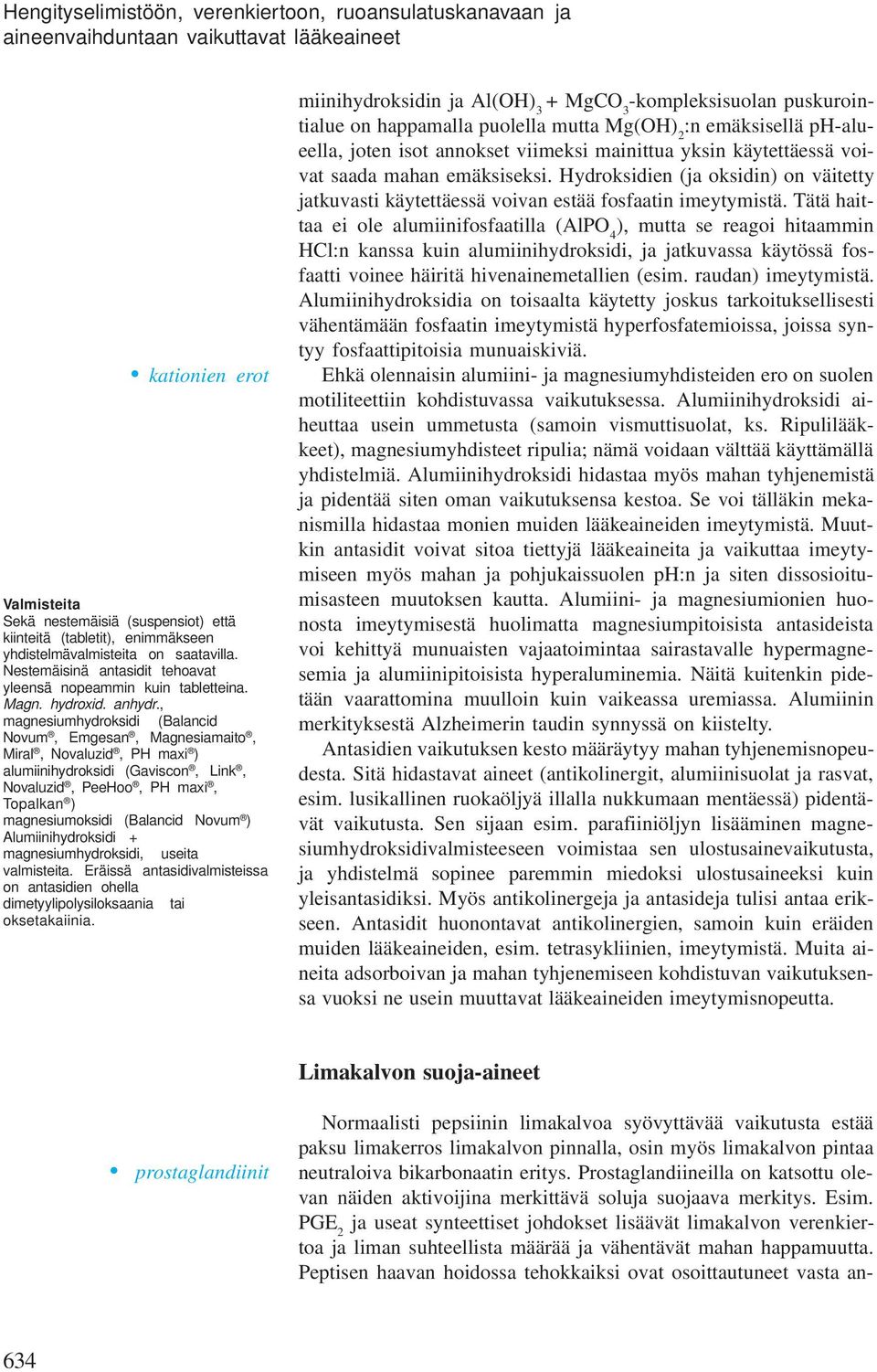 , agnesiuhydroksidi (Balancid Novu, Egesan, Magnesiaaito, Miral, Novaluzid, PH axi ) aluiinihydroksidi (Gaviscon, Link, Novaluzid, PeeHoo, PH axi, Topalkan ) agnesiuoksidi (Balancid Novu )