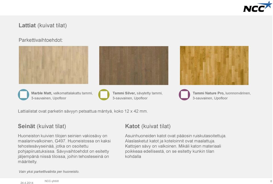 Huoneistossa on kaksi tehostesävyseinää, jotka on osoitettu pohjapiirustuksissa. Sävyvaihtoehdot on esitetty jäljempänä niissä tiloissa, joihin tehosteseinä on määritelty.