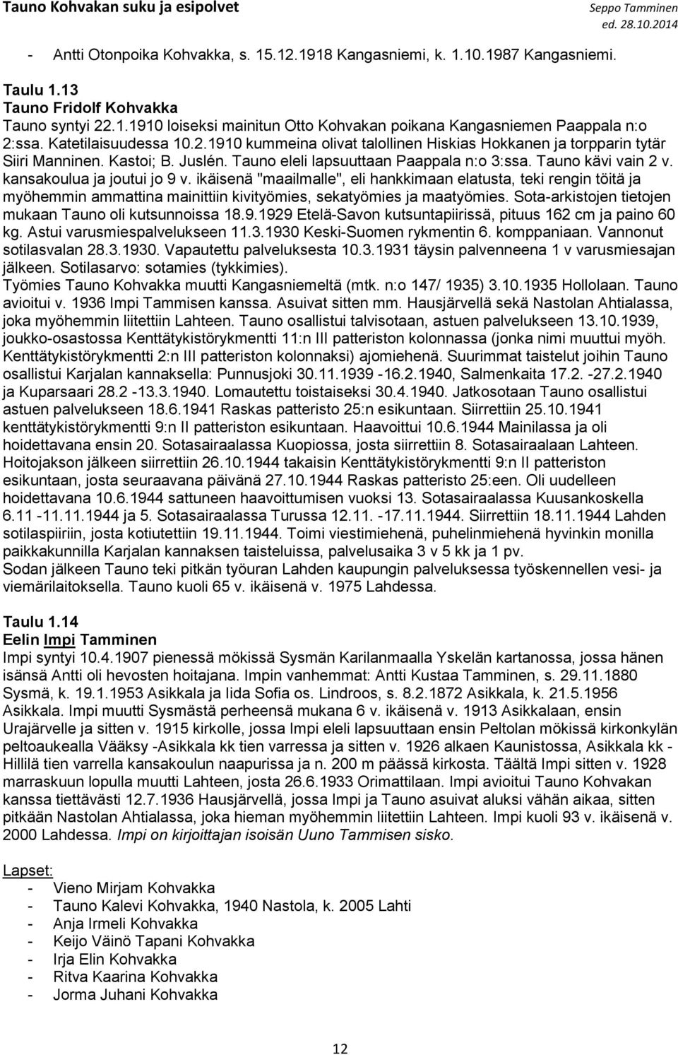 kansakoulua ja joutui jo 9 v. ikäisenä "maailmalle", eli hankkimaan elatusta, teki rengin töitä ja myöhemmin ammattina mainittiin kivityömies, sekatyömies ja maatyömies.