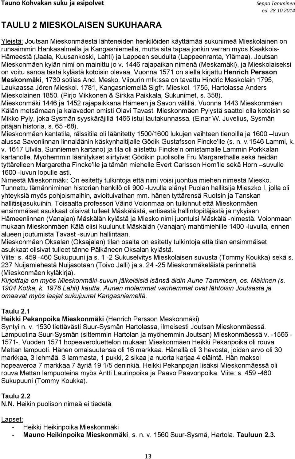 1446 rajapaikan nimenä (Meskamäki), ja Mieskolaiseksi on voitu sanoa tästä kylästä kotoisin olevaa. Vuonna 1571 on siellä kirjattu Henrich Persson Meskon