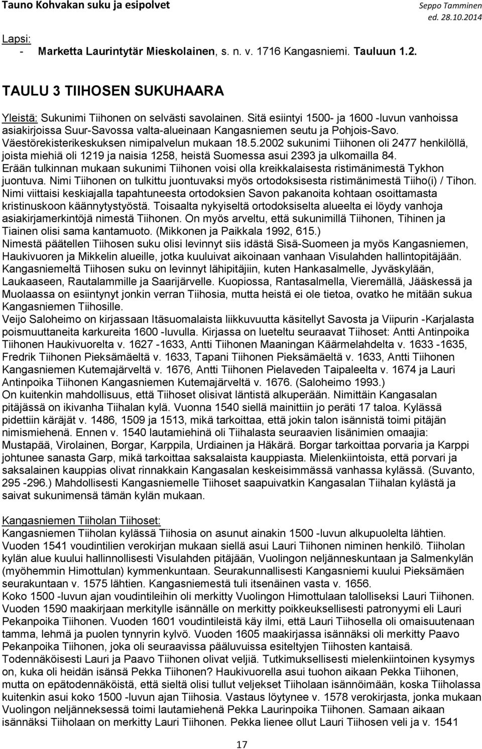 Erään tulkinnan mukaan sukunimi Tiihonen voisi olla kreikkalaisesta ristimänimestä Tykhon juontuva. Nimi Tiihonen on tulkittu juontuvaksi myös ortodoksisesta ristimänimestä Tiiho(i) / Tihon.