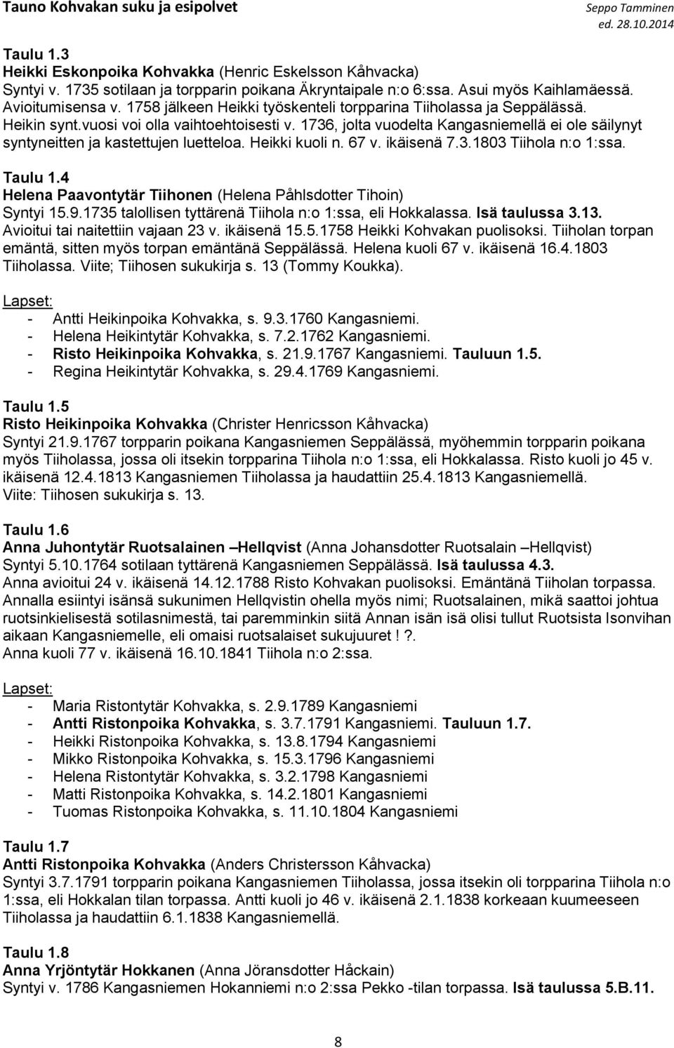 1736, jolta vuodelta Kangasniemellä ei ole säilynyt syntyneitten ja kastettujen luetteloa. Heikki kuoli n. 67 v. ikäisenä 7.3.1803 Tiihola n:o 1:ssa. Taulu 1.