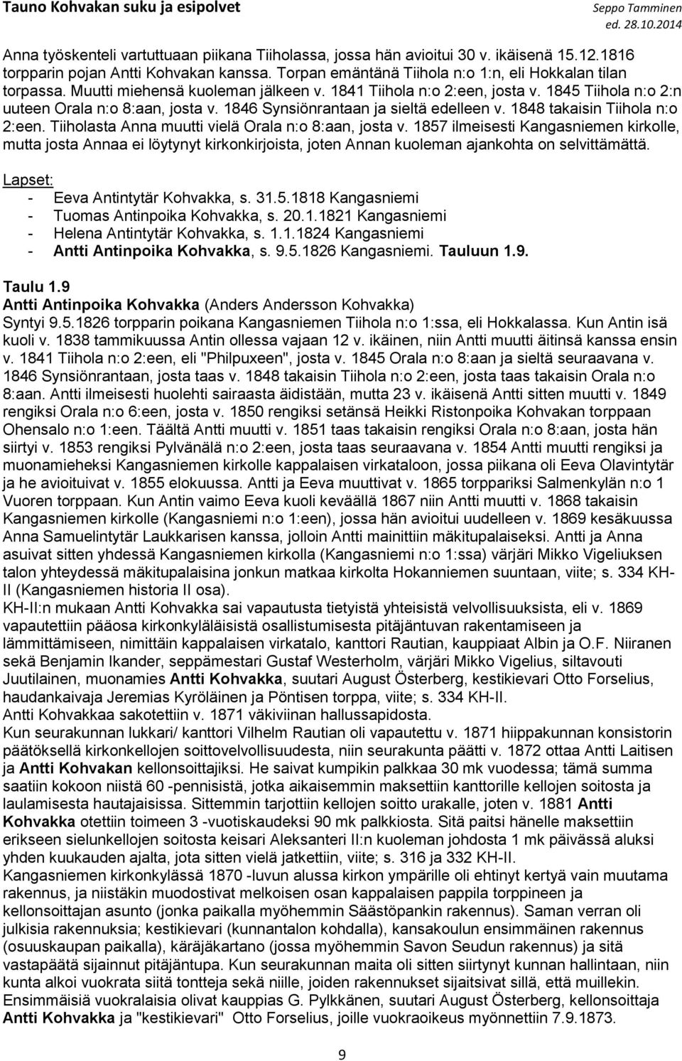 Tiiholasta Anna muutti vielä Orala n:o 8:aan, josta v. 1857 ilmeisesti Kangasniemen kirkolle, mutta josta Annaa ei löytynyt kirkonkirjoista, joten Annan kuoleman ajankohta on selvittämättä.