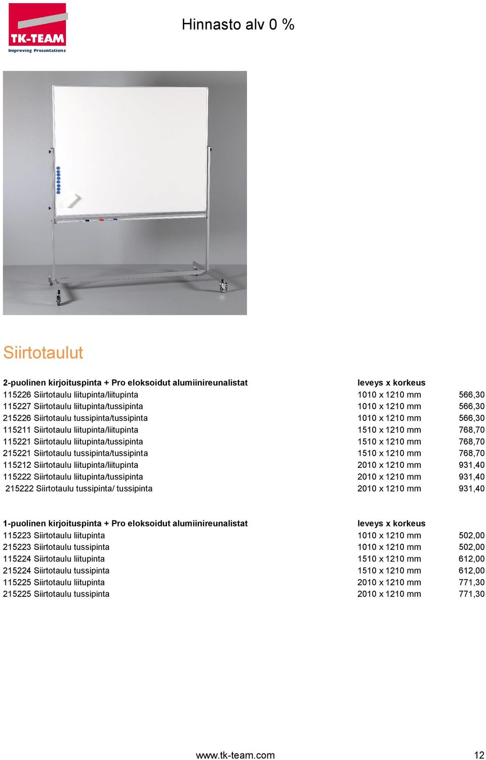 215221 Siirtotaulu tussipinta/tussipinta 1510 x 1210 mm 768,70 115212 Siirtotaulu liitupinta/liitupinta 2010 x 1210 mm 931,40 115222 Siirtotaulu liitupinta/tussipinta 2010 x 1210 mm 931,40 215222