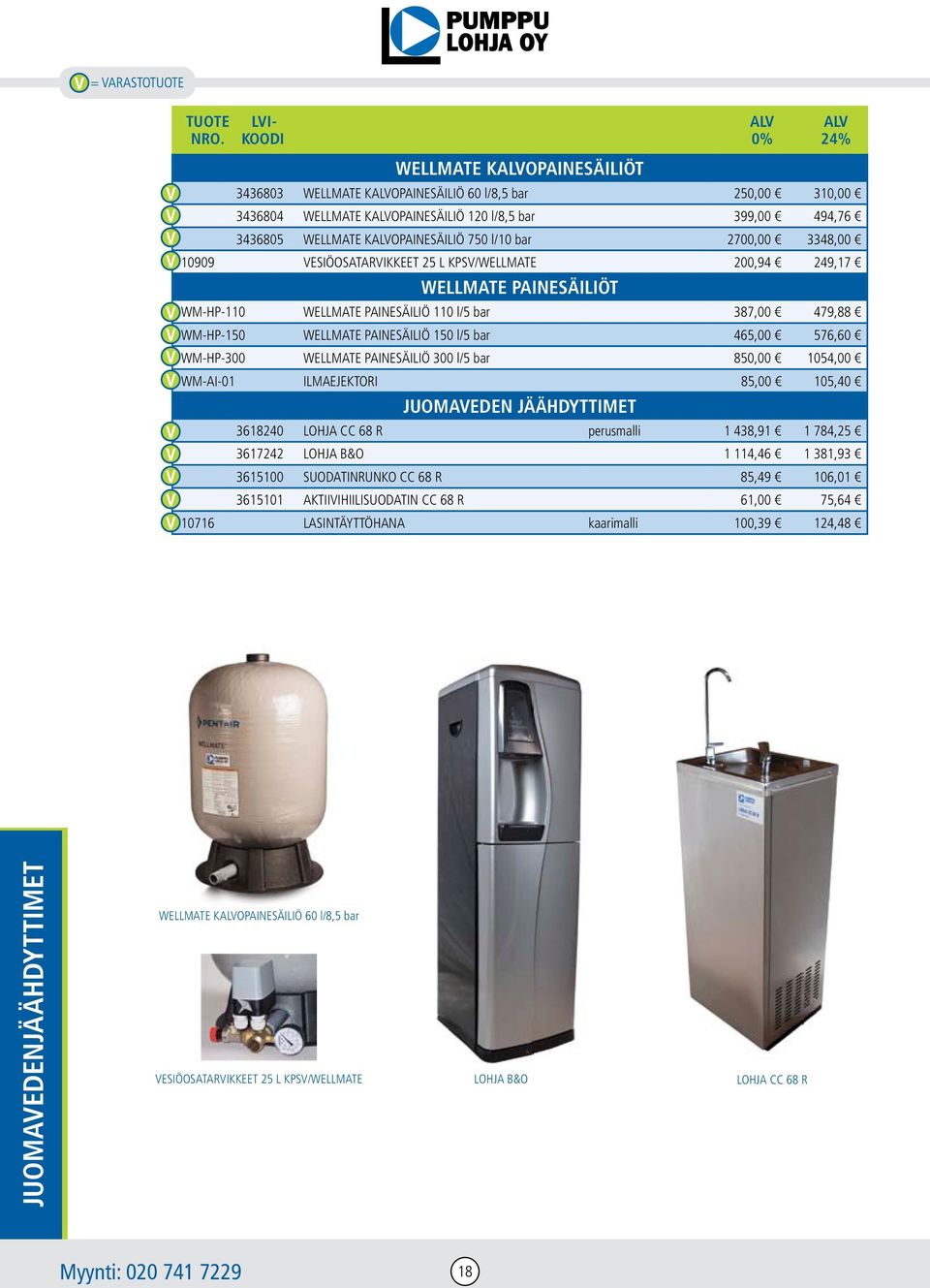 576,60 WM-HP-300 WELLMATE PAINESÄILIÖ 300 l/5 bar 850,00 1054,00 WM-AI-01 ILMAEJEKTORI 85,00 105,40 JUOMAVEDEN JÄÄHDYTTIMET 3618240 LOHJA CC 68 R perusmalli 1 438,91 1 784,25 3617242 LOHJA B&O 1