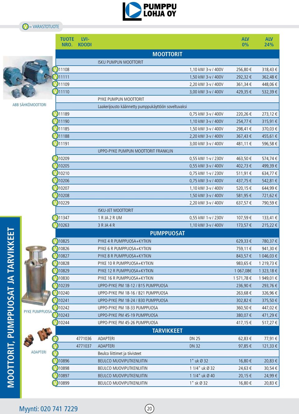 1,10 kw/ 3-v / 400V 254,77 315,91 11185 1,50 kw/ 3-v / 400V 298,41 370,03 11188 2,20 kw/ 3-v / 400V 367,43 455,61 11191 3,00 kw/ 3-v / 400V 481,11 596,58 UPPO-PYKE PUMPUN MOOTTORIT FRANKLIN 10209