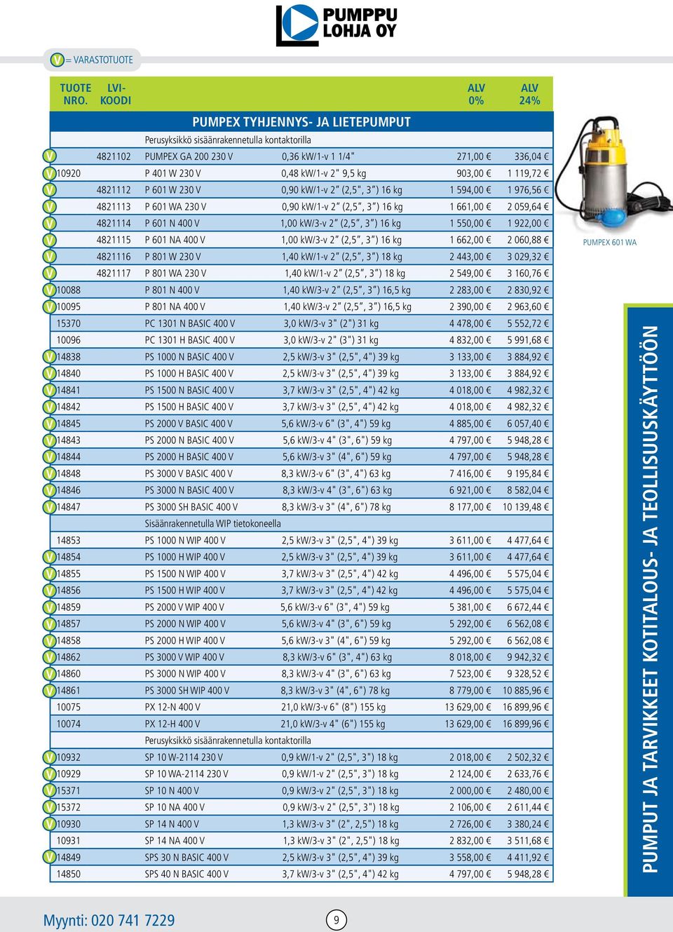 kg 1 550,00 1 922,00 4821115 P 601 NA 400 V 1,00 kw/3-v 2 (2,5, 3 ) 16 kg 1 662,00 2 060,88 PUMPEX 601 WA 4821116 P 801 W 230 V 1,40 kw/1-v 2 (2,5, 3 ) 18 kg 2 443,00 3 029,32 4821117 P 801 WA 230 V