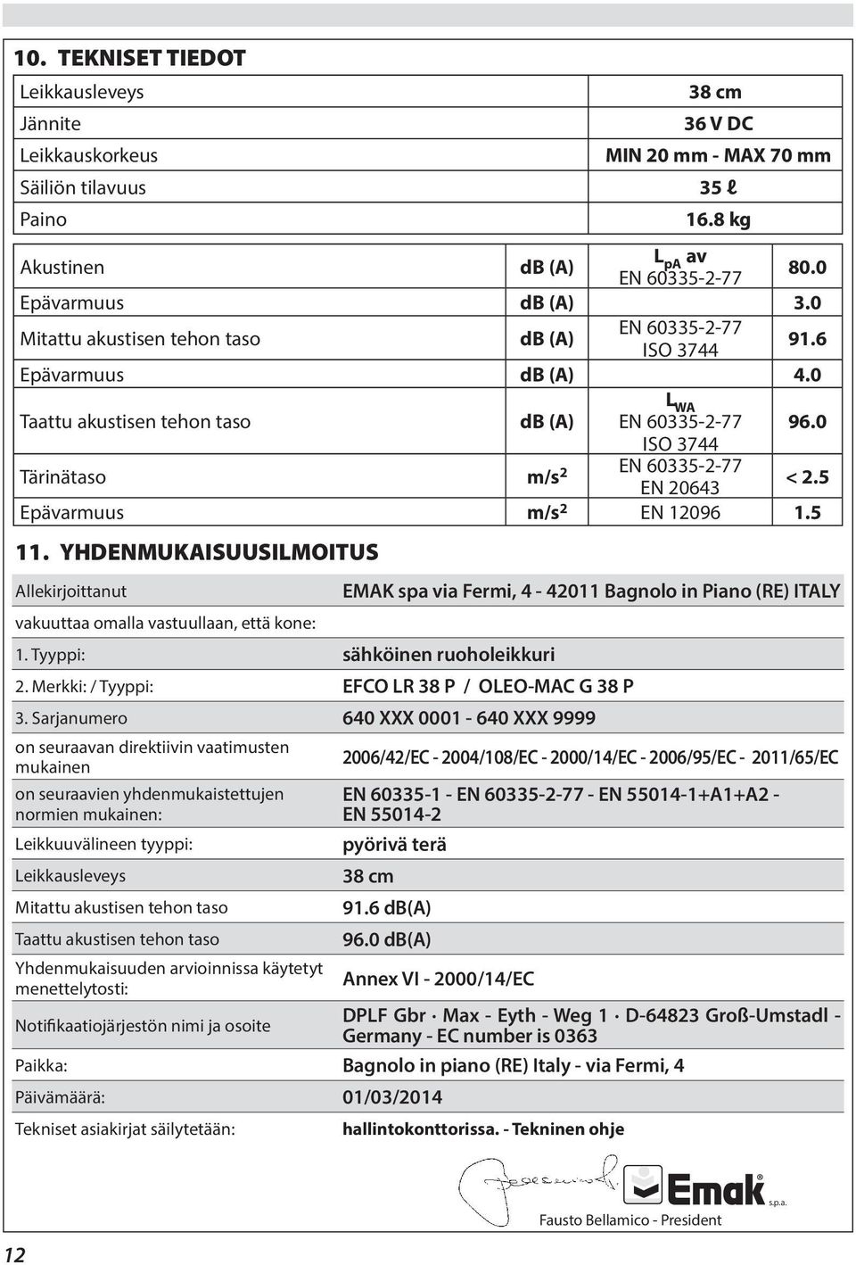 5 Epävarmuus m/s 2 EN 12096 1.5 11. YHDENMUKAISUUSILMOITUS Allekirjoittanut EMAK spa via Fermi, 4-42011 Bagnolo in Piano (RE) ITALY vakuuttaa omalla vastuullaan, että kone: 1.