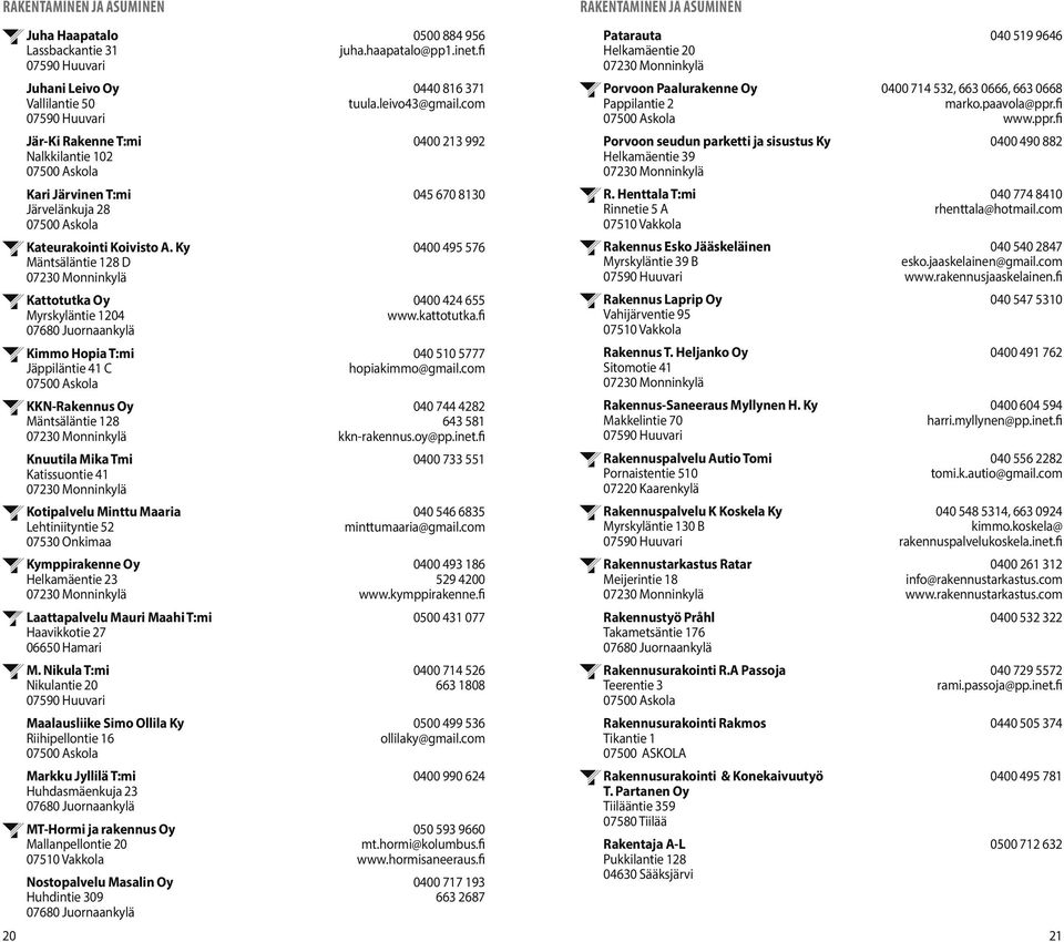 07530 Onkimaa Kymppirakenne Oy Helkamäentie 23 Laattapalvelu Mauri Maahi T:mi Haavikkotie 27 06650 Hamari M.