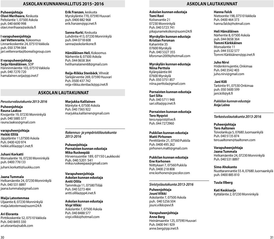 040 7270 720 hamalainen.seija@pp.inet.f Perusturvalautakunta 2013-2016 Puheenjohtaja Rauna Laakso Kivojantie 19, puh. 040 5885 577 rauna.laakso@gmail.