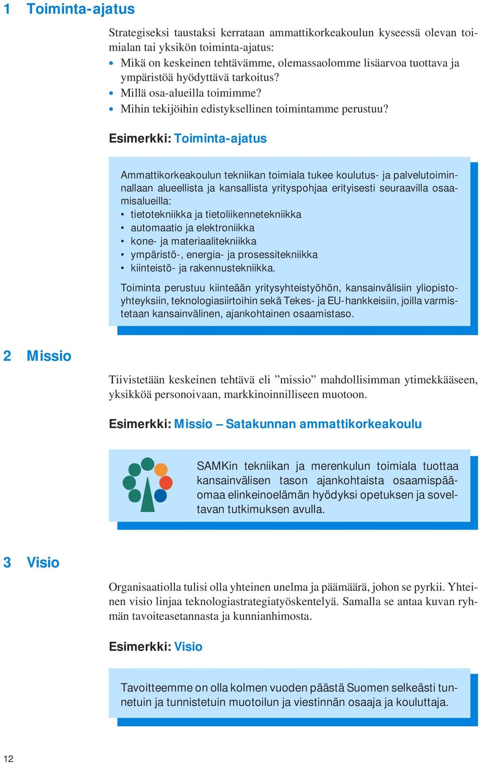 Esimerkki: Toiminta-ajatus Ammattikorkeakoulun tekniikan toimiala tukee koulutus- ja palvelutoiminnallaan alueellista ja kansallista yrityspohjaa erityisesti seuraavilla osaamisalueilla: