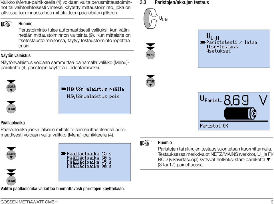 Näytön valaistus Näytönvalaistus voidaan sammuttaa painamalla valikko (Menu)- painiketta (4) paristojen käyttöiän pidentämiseksi. 3.