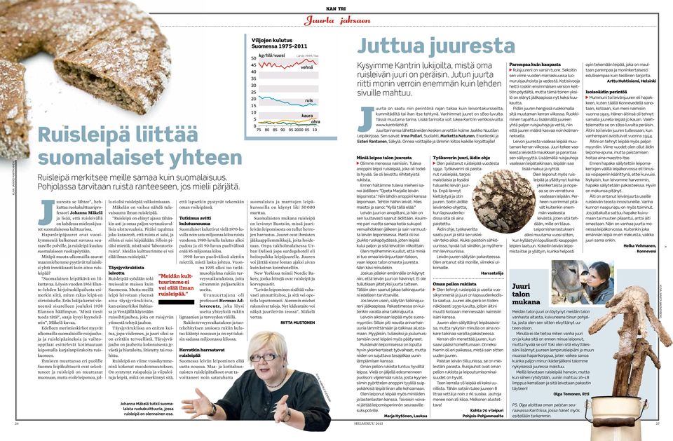 Juuresta se lähtee, hehkuttaa ruokakulttuuriprofessori Johanna Mäkelä ja lisää, että ruisleivällä on kahdessa mielessä juuret suomalaisessa kulttuurissa.