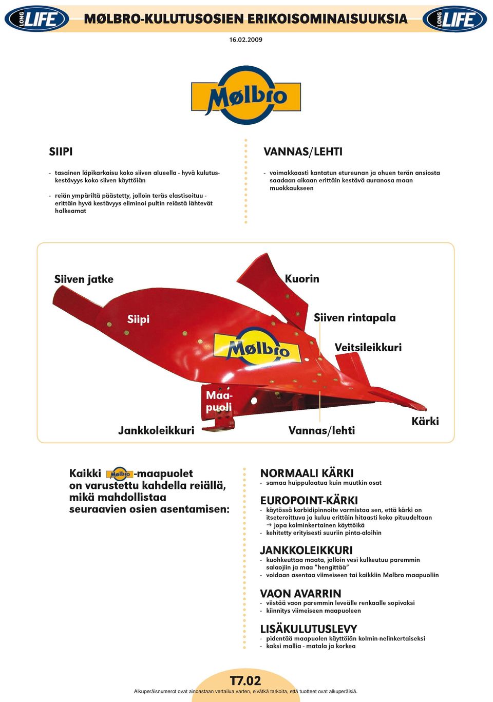 reiästä lähtevät halkeamat VANNAS/LEHTI - voimakkaasti kantatun etureunan ja ohuen terän ansiosta saadaan aikaan erittäin kestävä auranosa maan muokkaukseen Siiven jatke Kuorin Siipi Siiven rintapala