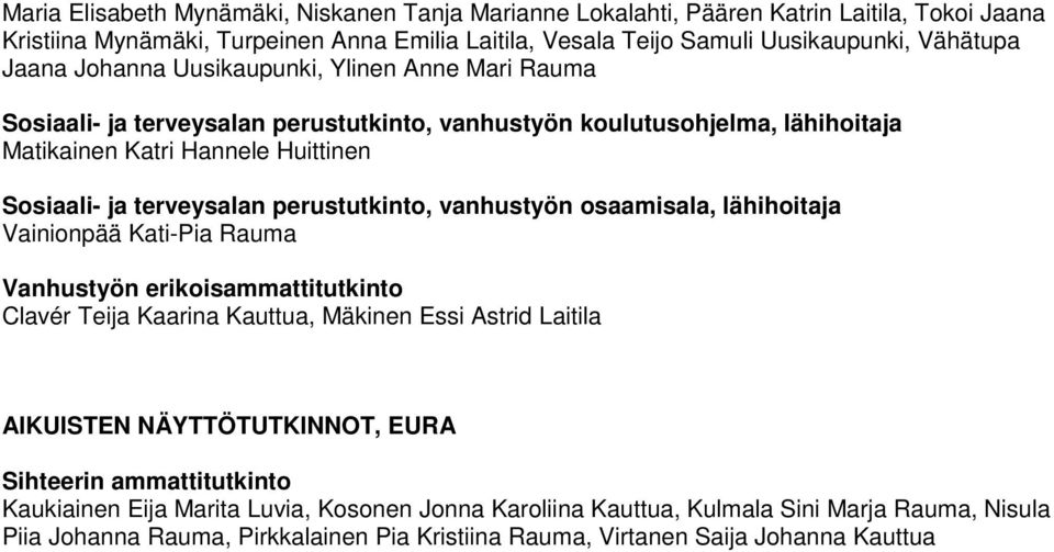 perustutkinto, vanhustyön osaamisala, Vainionpää Kati-Pia Rauma Vanhustyön erikoisammattitutkinto Clavér Teija Kaarina Kauttua, Mäkinen Essi Astrid Laitila AIKUISTEN NÄYTTÖTUTKINNOT, EURA