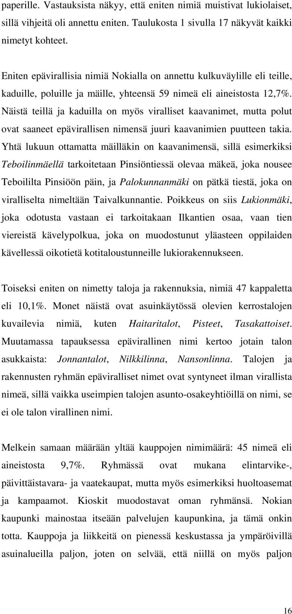 Näistä teillä ja kaduilla on myös viralliset kaavanimet, mutta polut ovat saaneet epävirallisen nimensä juuri kaavanimien puutteen takia.