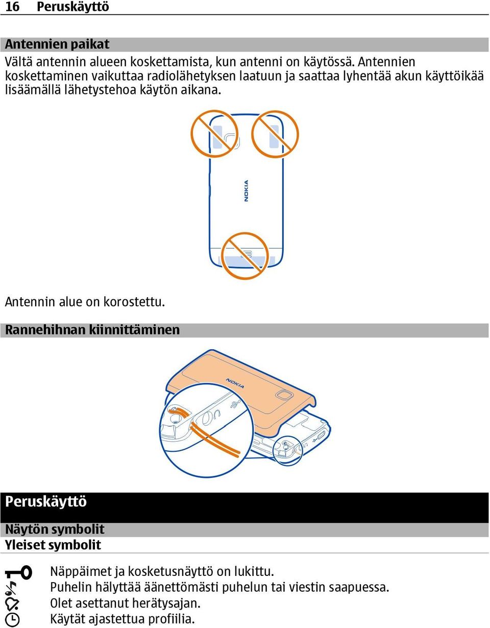 käytön aikana. Antennin alue on korostettu.