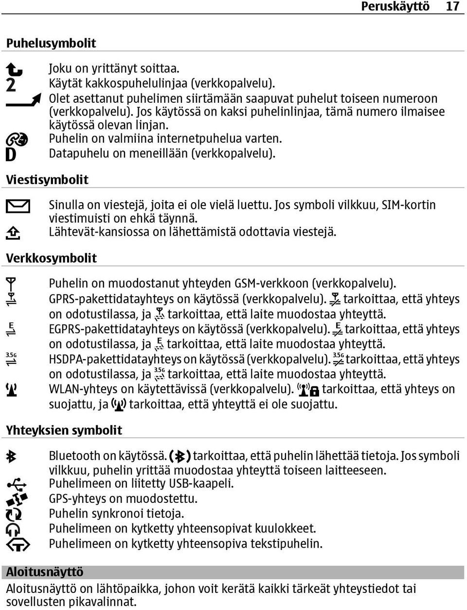 Viestisymbolit Sinulla on viestejä, joita ei ole vielä luettu. Jos symboli vilkkuu, SIM-kortin viestimuisti on ehkä täynnä. Lähtevät-kansiossa on lähettämistä odottavia viestejä.