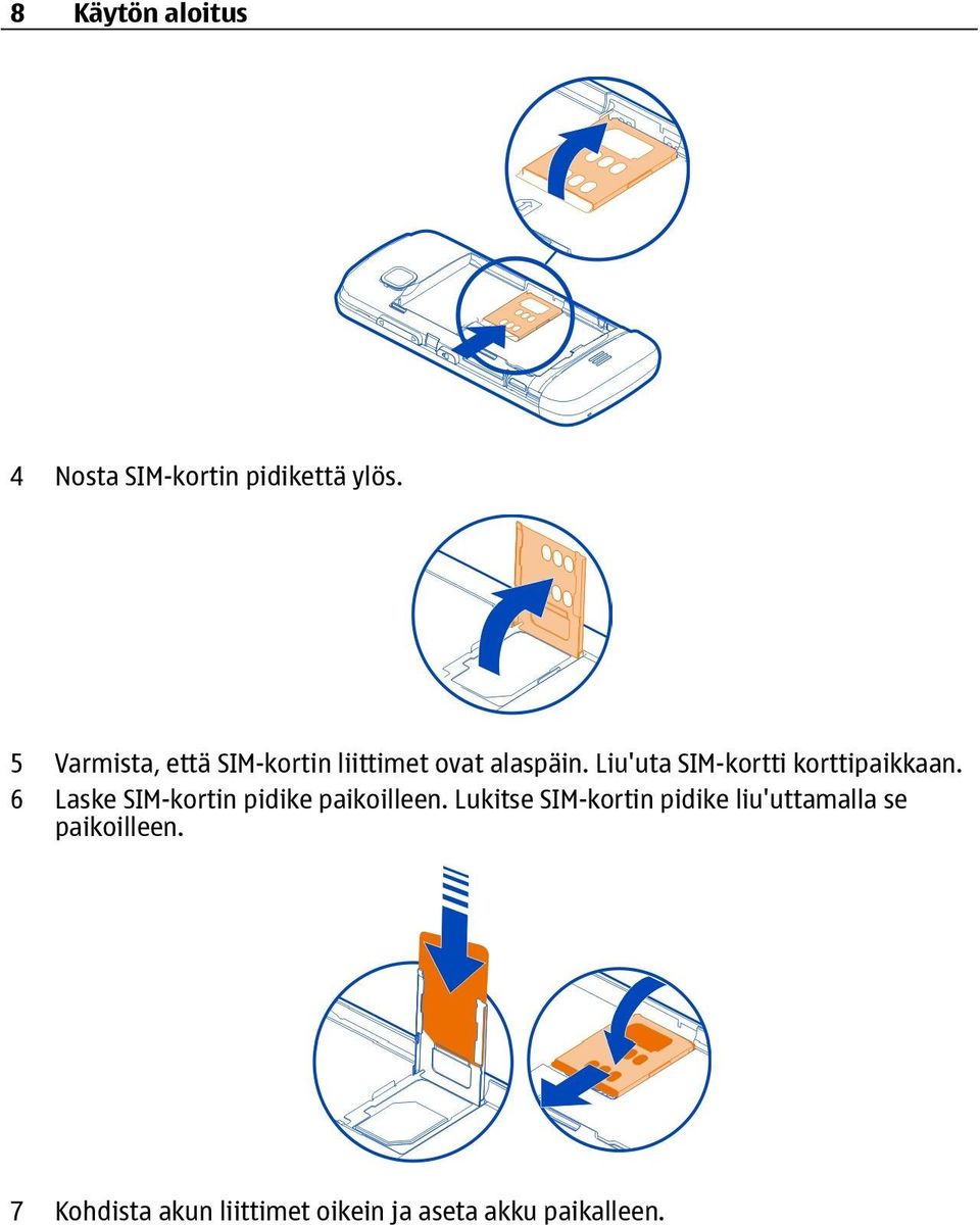 Liu'uta SIM-kortti korttipaikkaan. 6 Laske SIM-kortin pidike paikoilleen.