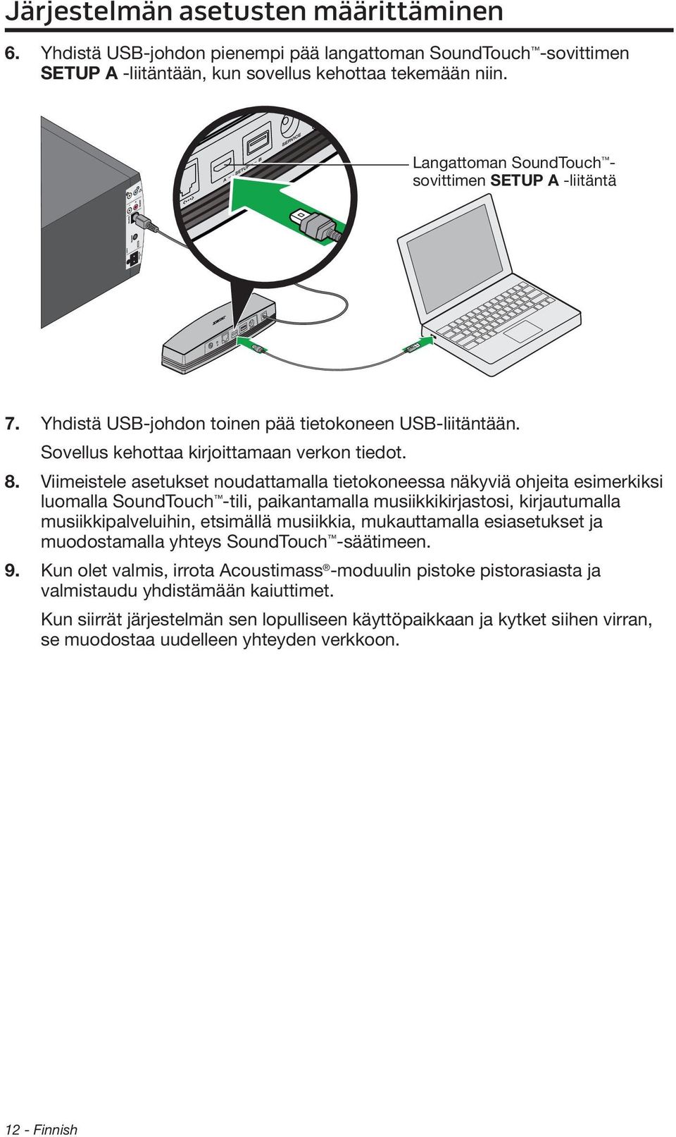 Viimeistele asetukset noudattamalla tietokoneessa näkyviä ohjeita esimerkiksi luomalla SoundTouch -tili, paikantamalla musiikkikirjastosi, kirjautumalla musiikkipalveluihin, etsimällä musiikkia,