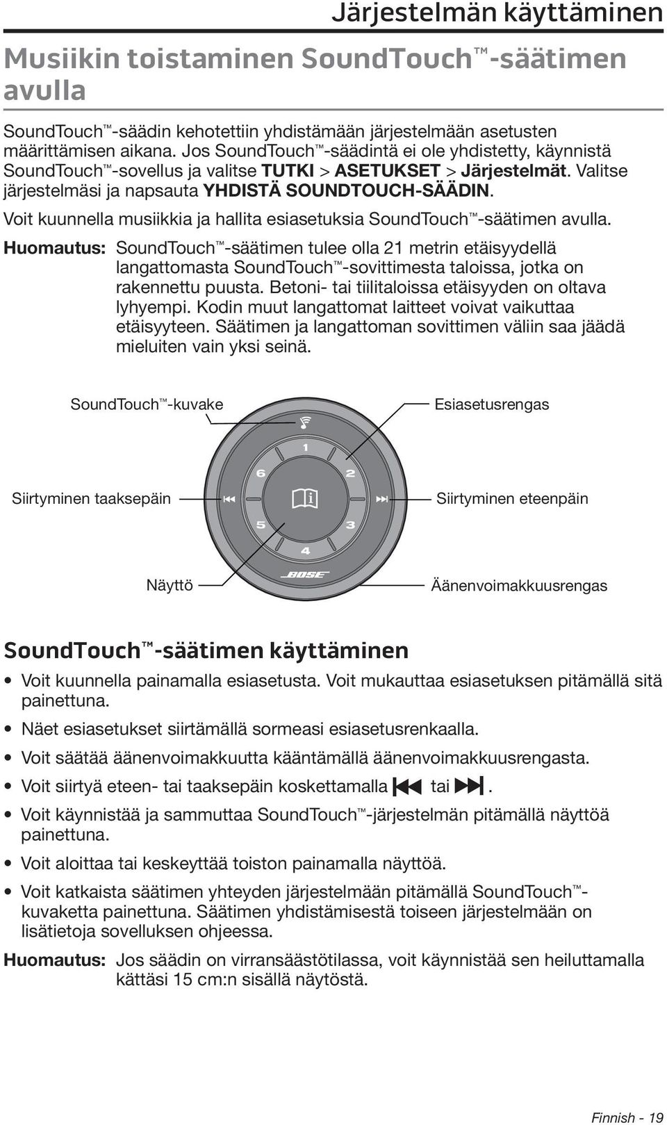 Voit kuunnella musiikkia ja hallita esiasetuksia SoundTouch -säätimen avulla.