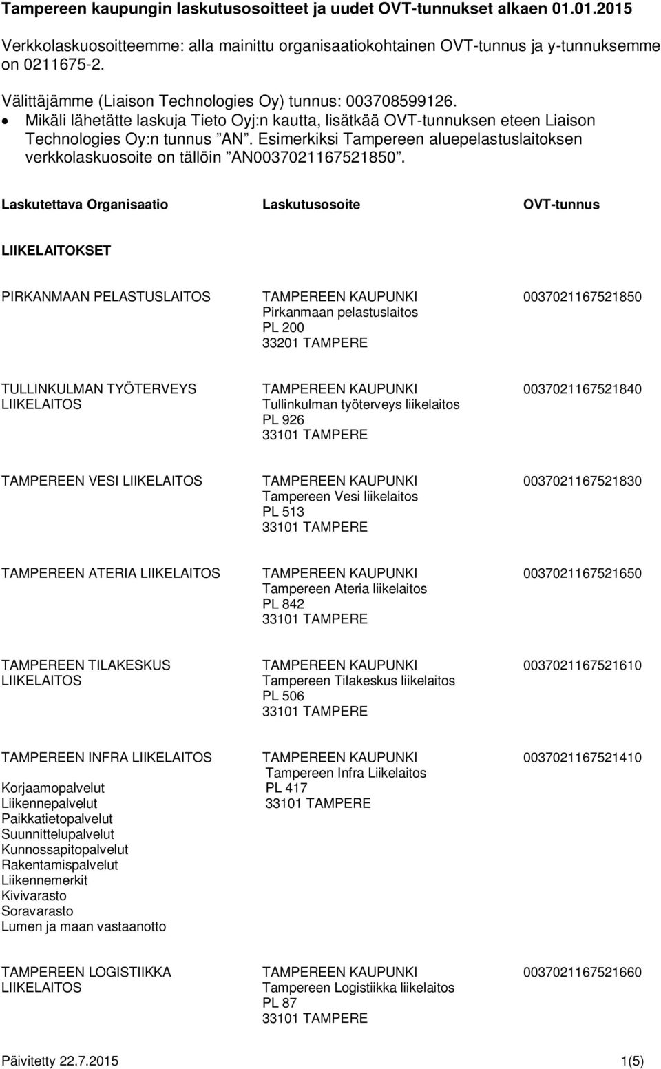 Esimerkiksi Tampereen aluepelastuslaitoksen verkkolaskuosoite on tällöin AN0037021167521850.