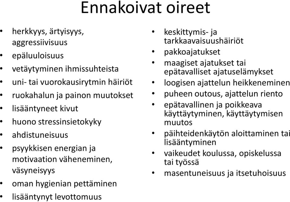 keskittymis- ja tarkkaavaisuushäiriöt pakkoajatukset maagiset ajatukset tai epätavalliset ajatuselämykset loogisen ajattelun heikkeneminen puheen outous, ajattelun riento