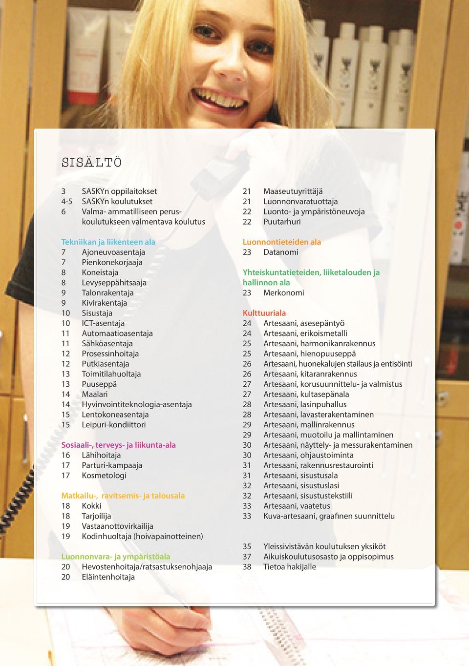 14 Hyvinvointiteknologia-asentaja 15 Lentokoneasentaja 15 Leipuri-kondiittori Sosiaali-, terveys- ja liikunta-ala 16 Lähihoitaja 17 Parturi-kampaaja 17 Kosmetologi Matkailu-, ravitsemis- ja talousala