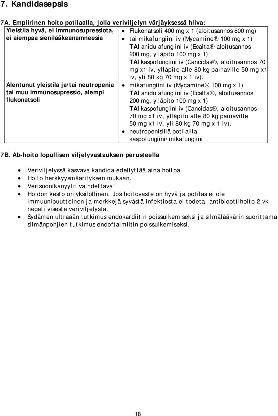 mikafungiini iv (Mycamineâ 100 mg x 1) TAI anidulafungiini iv (Ecaltaâ aloitusannos 200 mg, ylläpito 100 mg x 1) TAI kaspofungiini iv (Cancidasâ, aloitusannos 70 mg x1 iv, ylläpito alle 80 kg