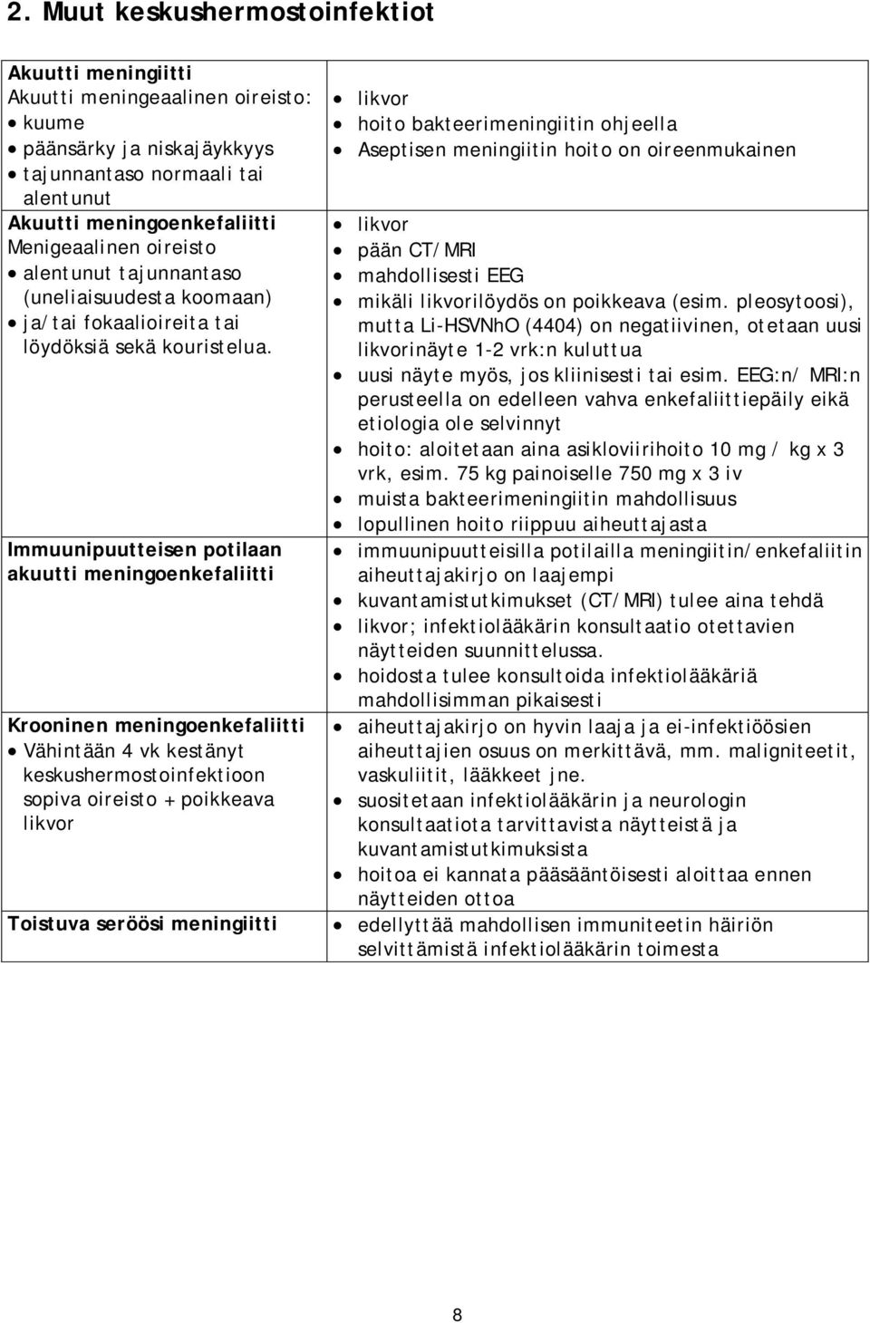Immuunipuutteisen potilaan akuutti meningoenkefaliitti Krooninen meningoenkefaliitti Vähintään 4 vk kestänyt keskushermostoinfektioon sopiva oireisto + poikkeava likvor Toistuva seröösi meningiitti