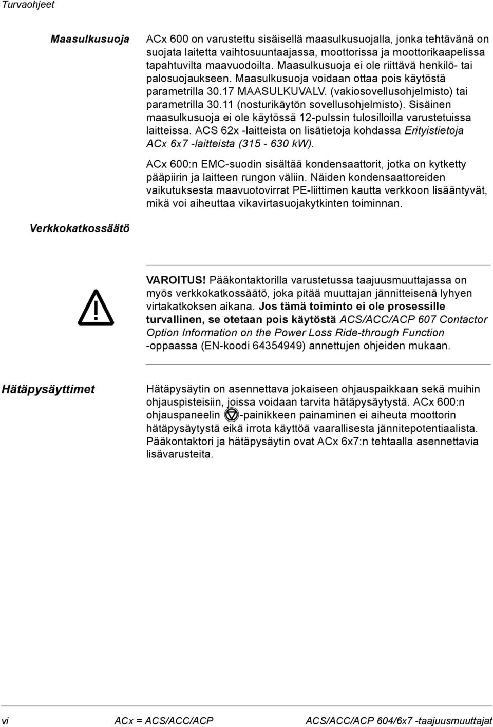 11 (nosturikäytön sovellusohjelmisto). Sisäinen maasulkusuoja ei ole käytössä 12-pulssin tulosilloilla varustetuissa laitteissa.