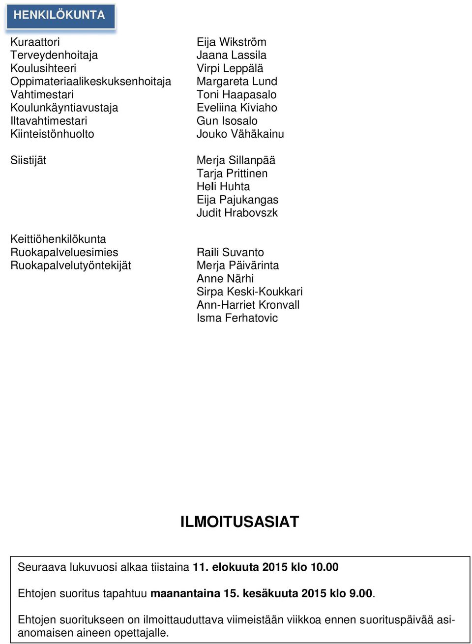 Heli Huhta Eijaa Pajukangas Judit Hrabovszk Raili Suvanto Merja Päivärinta Anne Närhi Sirpa Keski-Koukkari Ann-Harriet Kronvall Isma Ferhatovic ILMOITUSASIAT Seuraava lukuvuosi alkaa tiistaina 11.