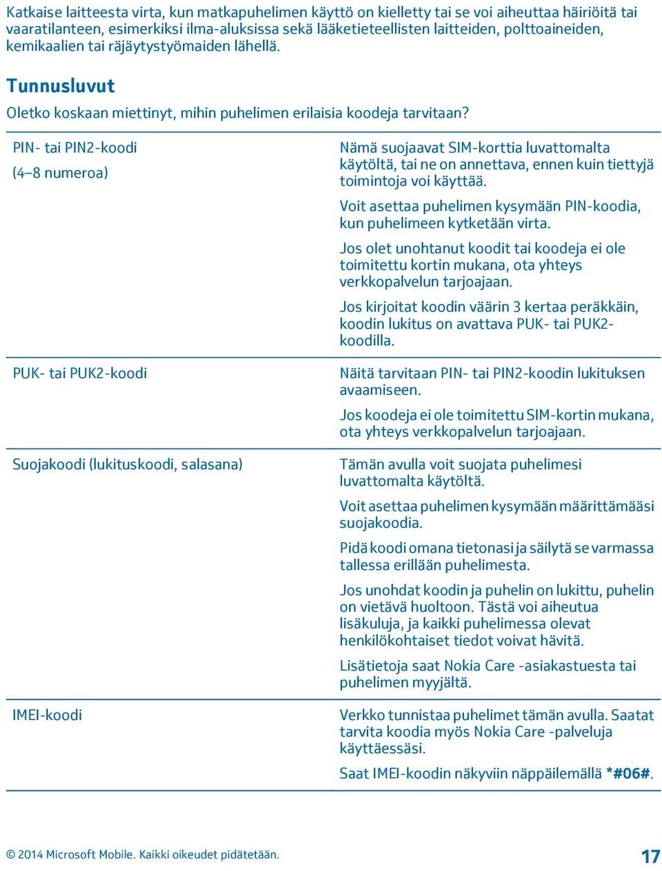 PIN- tai PIN2-koodi (4 8 numeroa) PUK- tai PUK2-koodi Suojakoodi (lukituskoodi, salasana) IMEI-koodi Nämä suojaavat SIM-korttia luvattomalta käytöltä, tai ne on annettava, ennen kuin tiettyjä