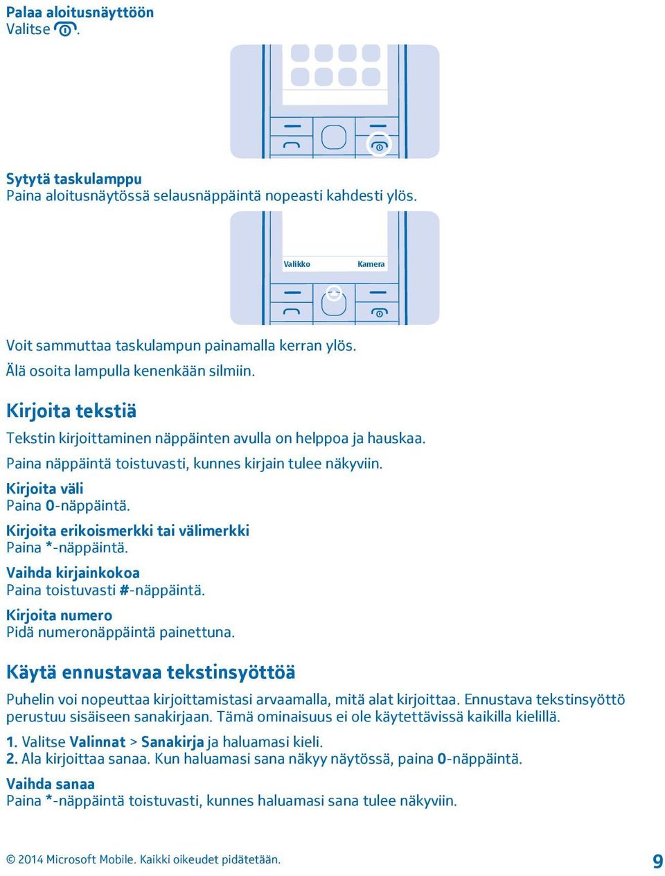 Kirjoita väli Paina 0-näppäintä. Kirjoita erikoismerkki tai välimerkki Paina *-näppäintä. Vaihda kirjainkokoa Paina toistuvasti #-näppäintä. Kirjoita numero Pidä numeronäppäintä painettuna.