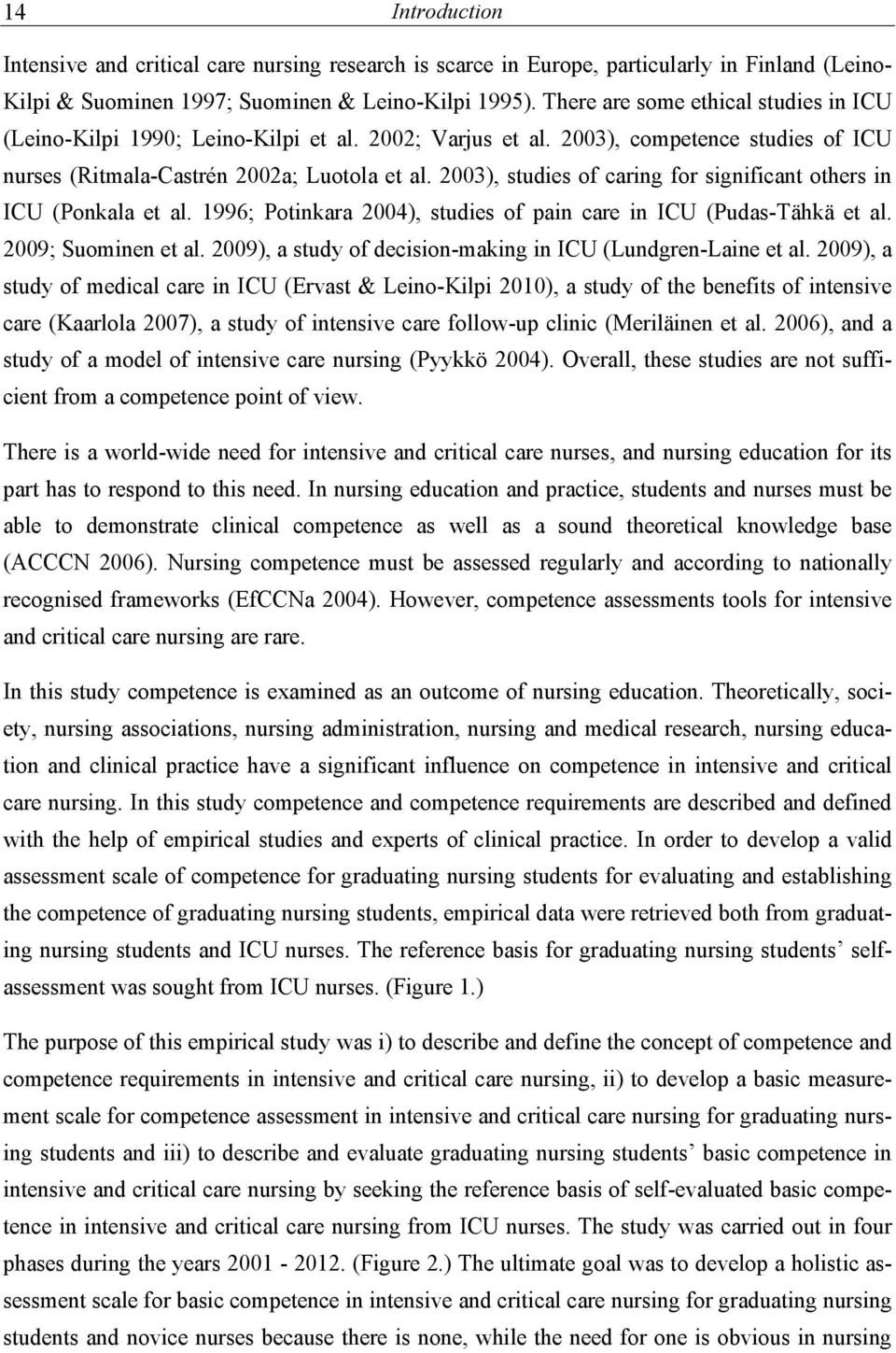 2003), studies of caring for significant others in ICU (Ponkala et al. 1996; Potinkara 200), studies of pain care in ICU (Pudas-Tähkä et al. 2009; Suominen et al.