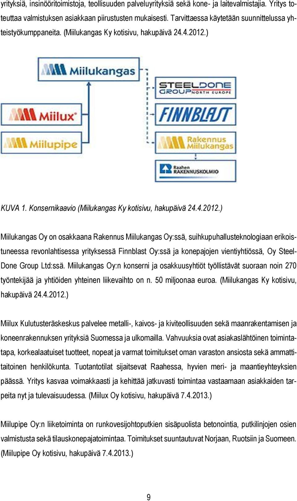 ) KUVA 1. Konsernikaavio (Miilukangas Ky kotisivu, hakupäivä 24.4.2012.
