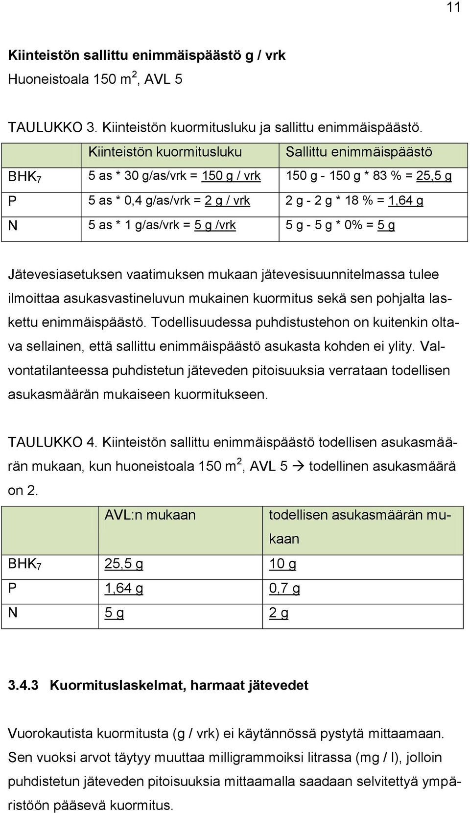 = 5 g /vrk 5 g - 5 g * 0% = 5 g Jätevesiasetuksen vaatimuksen mukaan jätevesisuunnitelmassa tulee ilmoittaa asukasvastineluvun mukainen kuormitus sekä sen pohjalta laskettu enimmäispäästö.