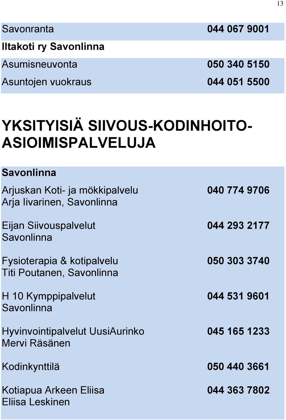 Siivouspalvelut 044 293 2177 Savonlinna Fysioterapia & kotipalvelu 050 303 3740 Titi Poutanen, Savonlinna H 10 Kymppipalvelut 044 531