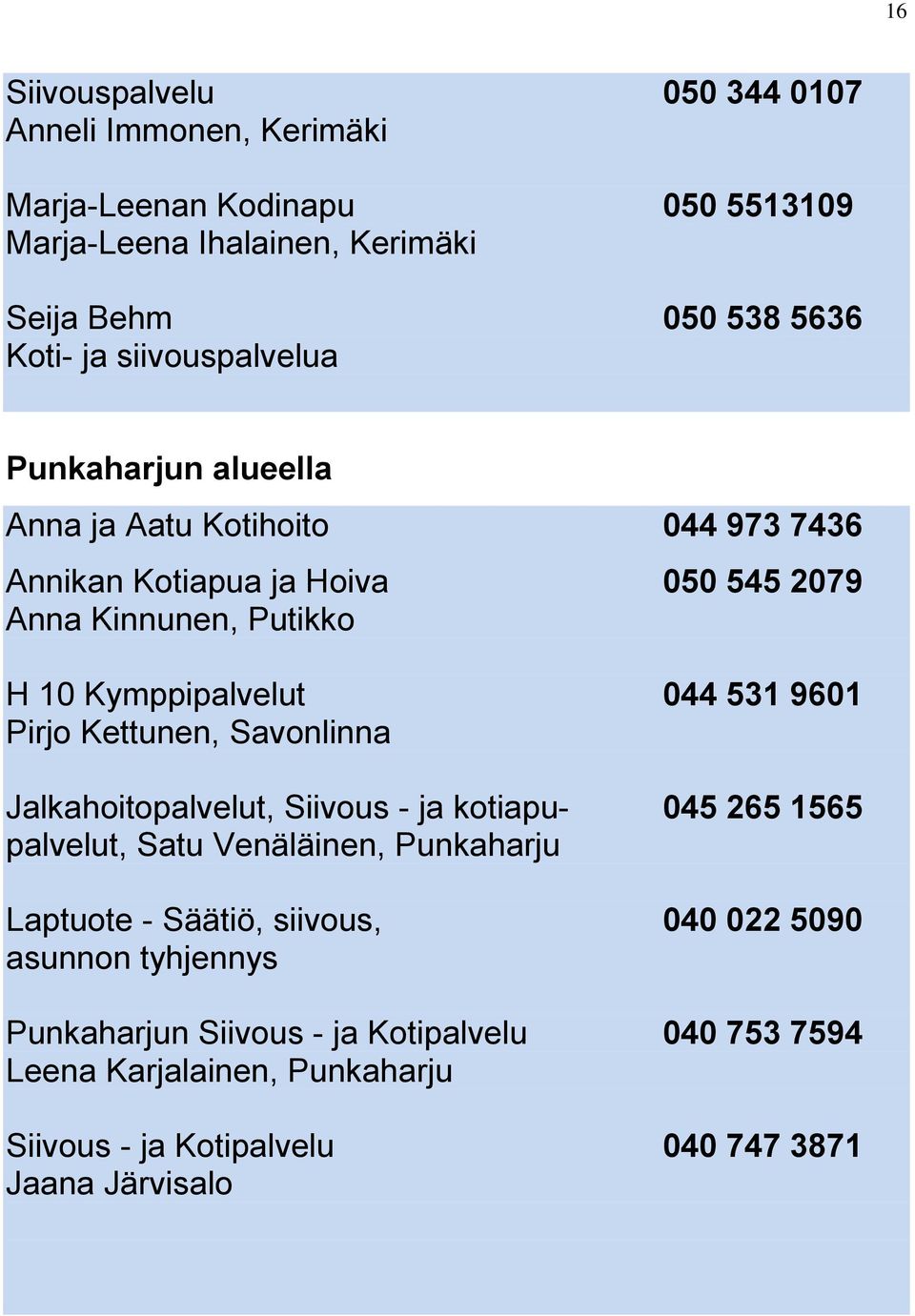 531 9601 Pirjo Kettunen, Savonlinna Jalkahoitopalvelut, Siivous - ja kotiapu- 045 265 1565 palvelut, Satu Venäläinen, Punkaharju Laptuote - Säätiö, siivous,