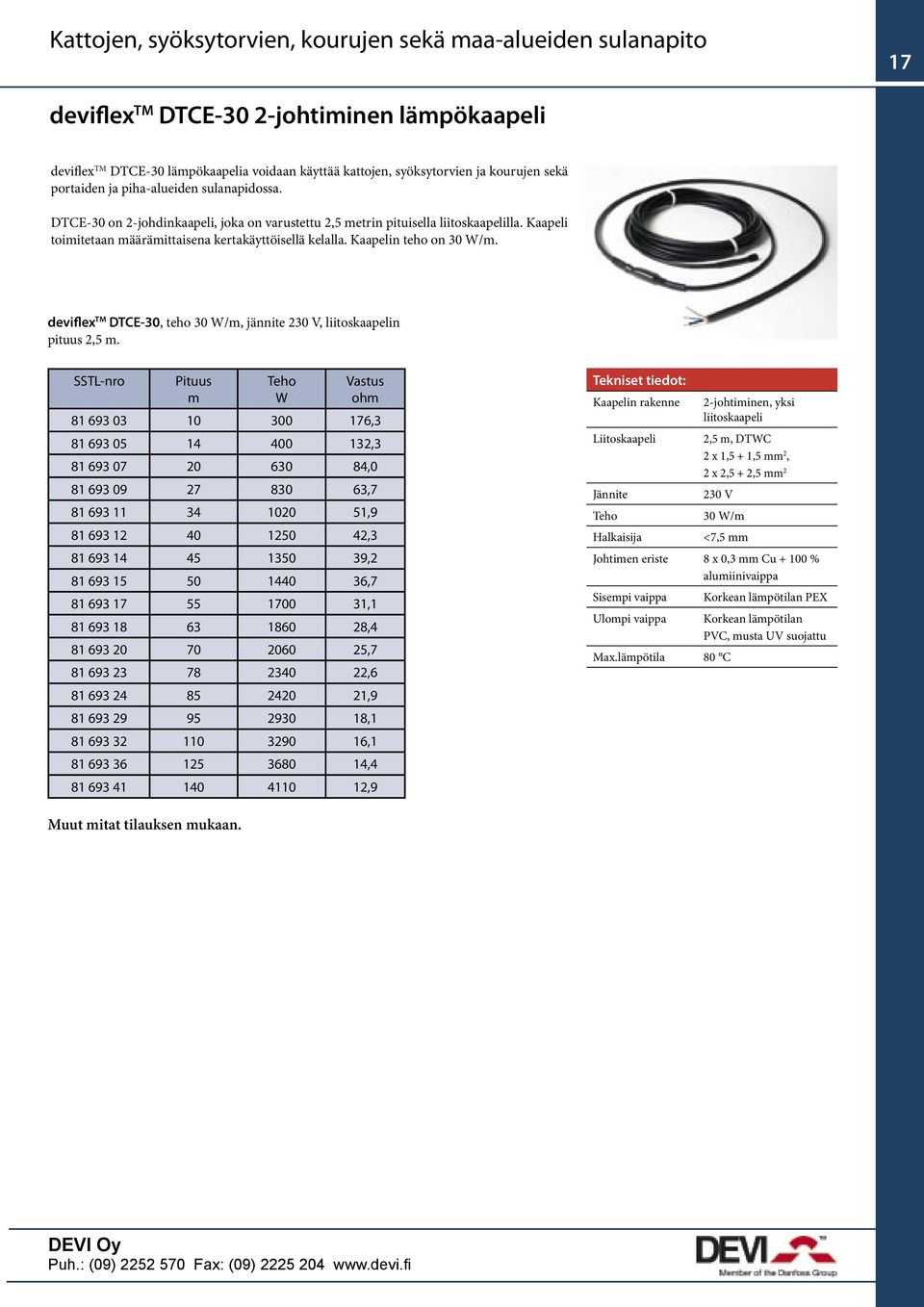 Kaapelin teho on 30 W/m. deviflex TM DTCE-30, teho 30 W/m, jännite 230 V, liitoskaapelin pituus 2,5 m.