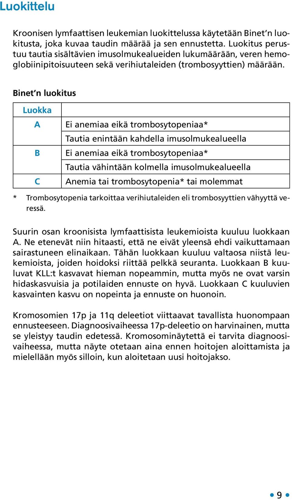 Binet n luokitus Luokka A B C Ei anemiaa eikä trombosytopeniaa* Tautia enintään kahdella imusolmukealueella Ei anemiaa eikä trombosytopeniaa* Tautia vähintään kolmella imusolmukealueella Anemia tai