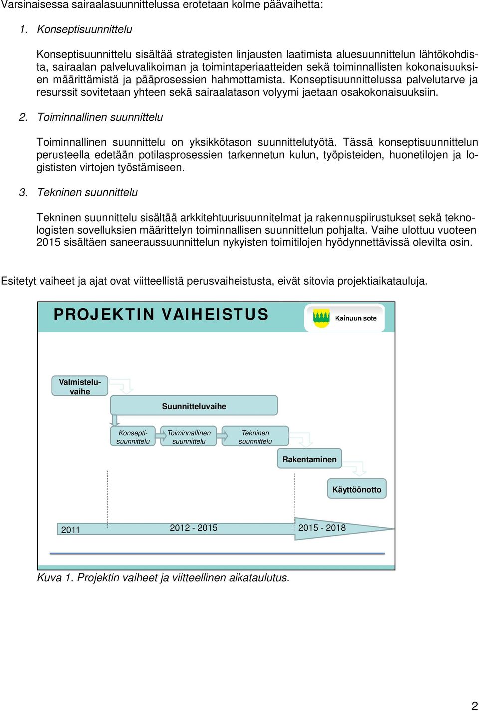 kokonaisuuksien määrittämistä ja pääprosessien hahmottamista. Konseptisuunnittelussa palvelutarve ja resurssit sovitetaan yhteen sekä sairaalatason volyymi jaetaan osakokonaisuuksiin. 2.